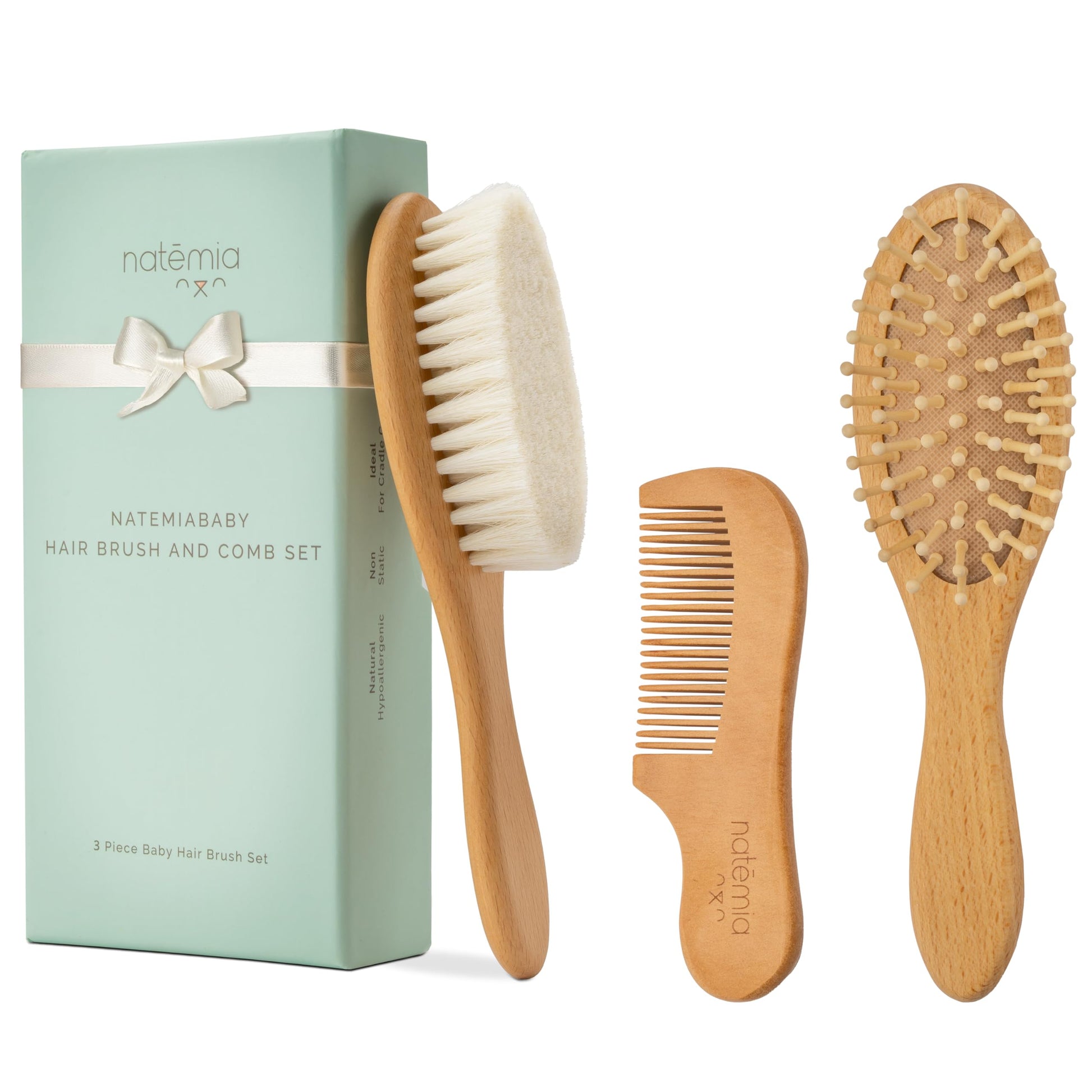 Natemia Wooden Baby Hair Brush & Comb Set - Pack of 3, Oval - Natural Goat Hair Bristles & Soft Bristle Brush - Gentle Scalp Massage & Cradle Cap Comb - For Newborns & Toddlers, Baby Grooming Kit
