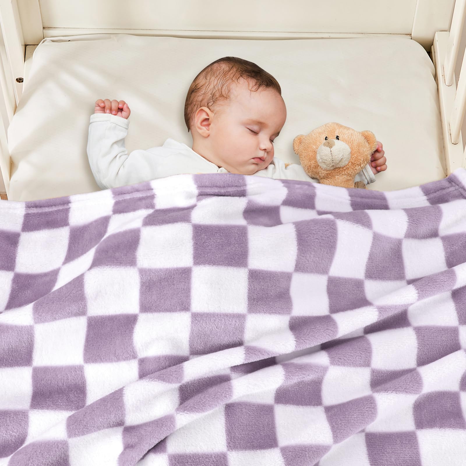 Yurhap Checkered Baby Blanket Fleece Baby Blankets Neutral for Boys Girls, Super Soft Warm Lightweight Infant Toddler Newborn Receiving Blankets for Crib Stroller, 30''x40'', Khaki