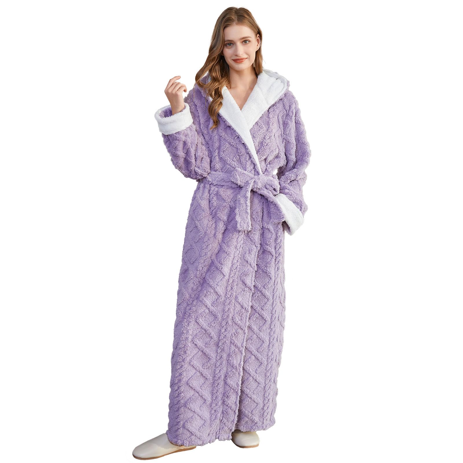 Hellomamma Long Hooded Robe for Women Luxurious Flannel Fleece Full Length Bathrobe Winter Warm Pajamas Shower Nightgown