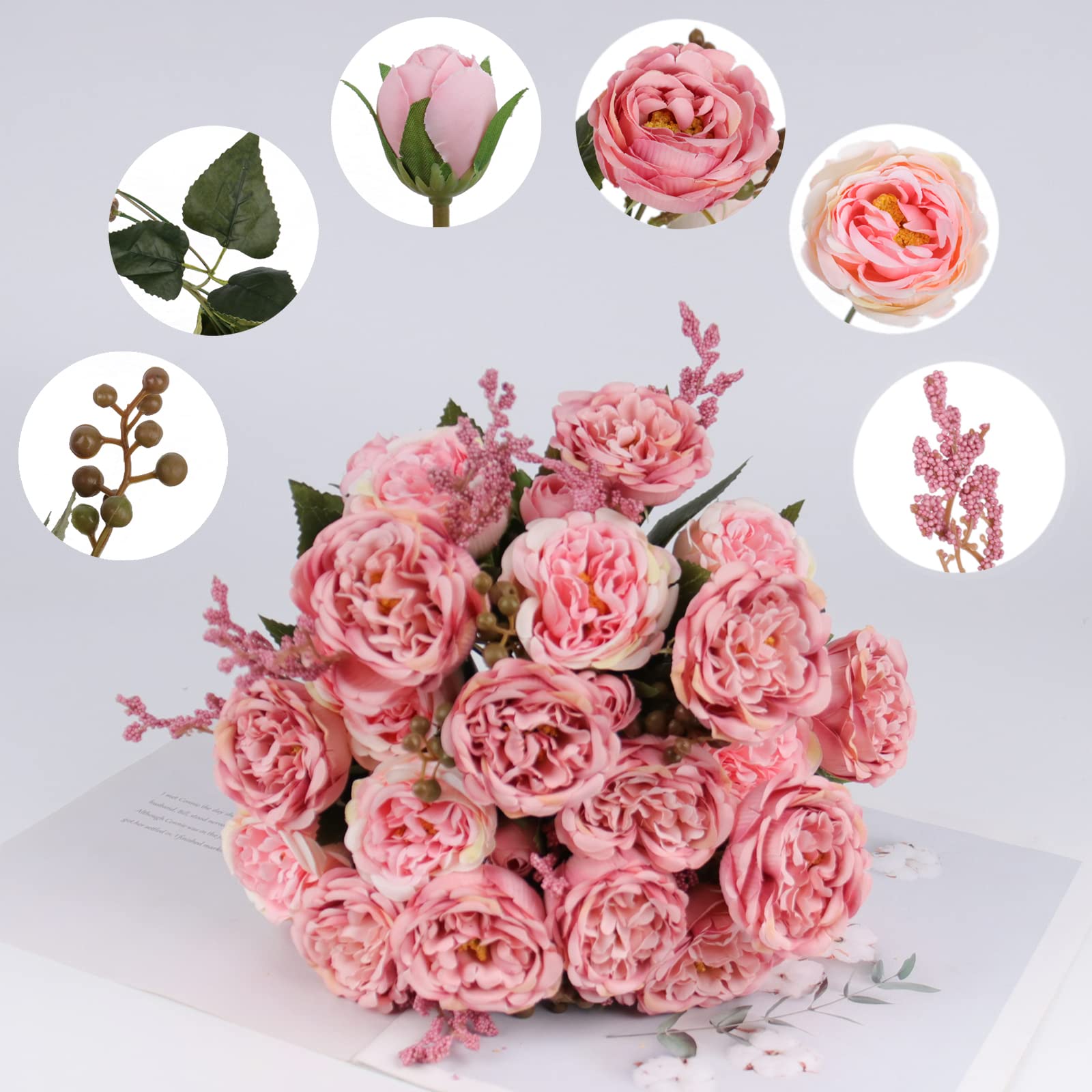 4 Bundles Artificial Peonies Silk Flowers, White Faux Peony Bouquet Florals Arrangements Decor for Farmhouse Home Boho Wedding Table Centerpiece, Fake Plastic Flowers Bulk Vase Decoration (White)