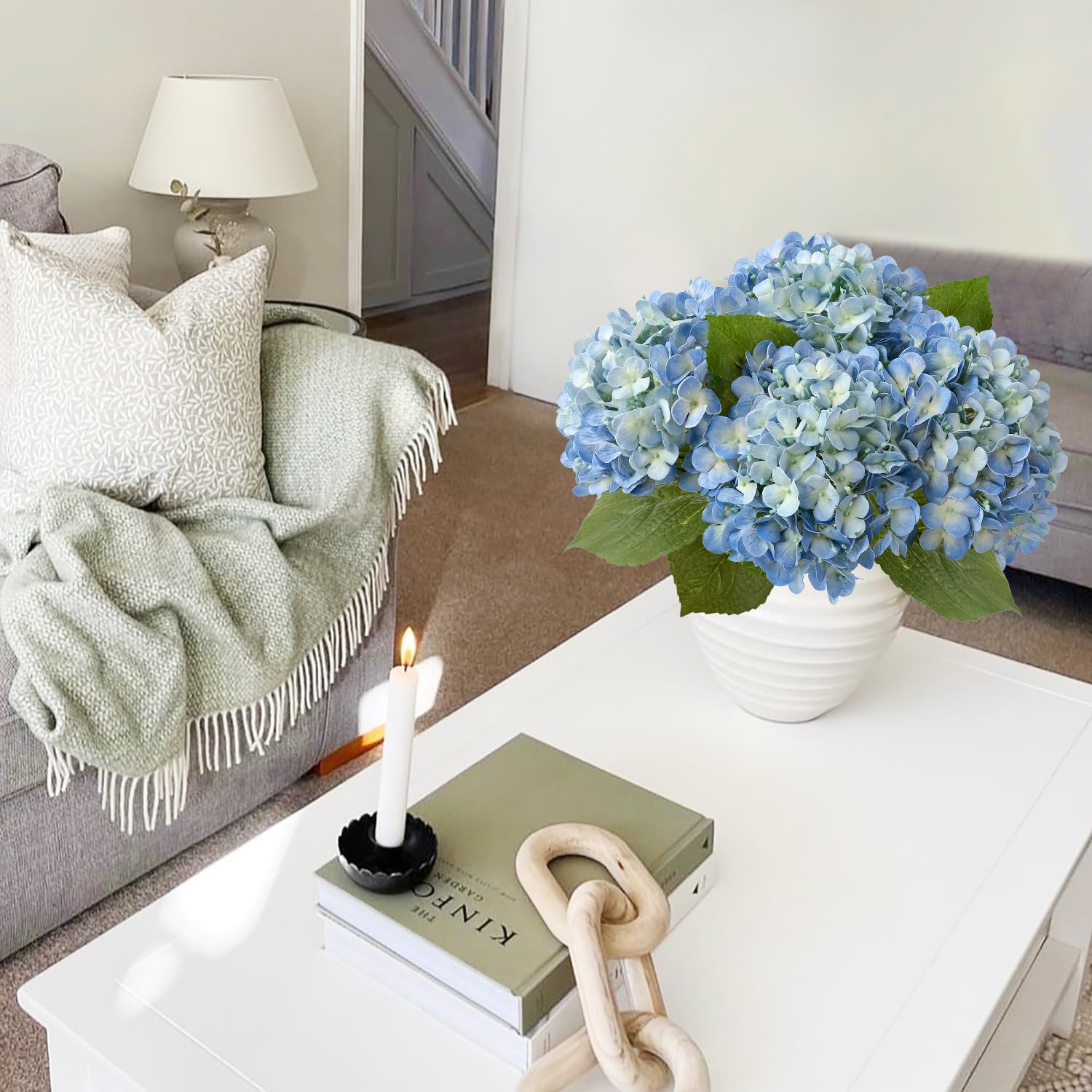 Light Blue Hydrangea Artificial Flowers,4Pcs 20" Real Touch Lifelike Silk Artificial Hydrangeas, Full Fake Flowers for Bouquet Table Centerpieces Spring Wedding Indoor Home