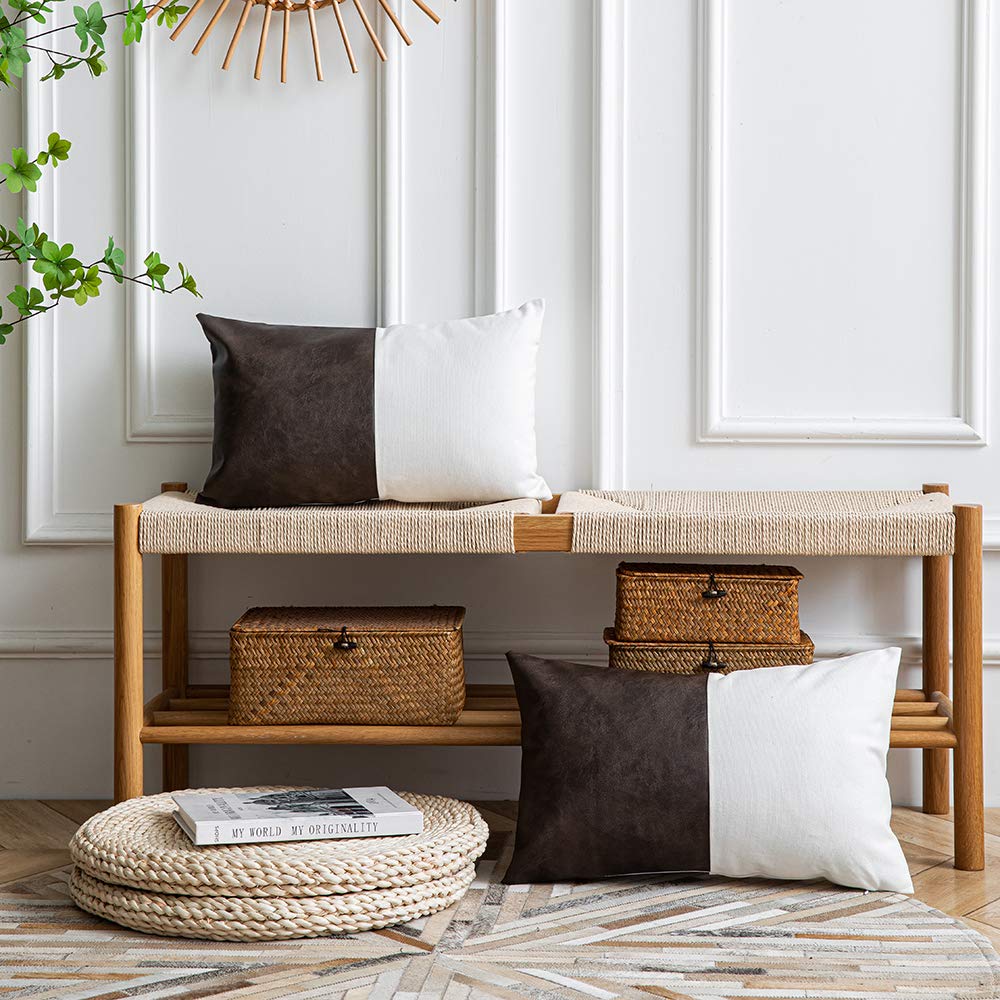 DEZENE Leather Throw Pillow Covers, Set of 2 Modern Leather/Cotton Decorative Pillowcases for Home Decor Bedroom Living Room Couch Bed Sofa, 18x18 Inch, Cognac-Brown and White