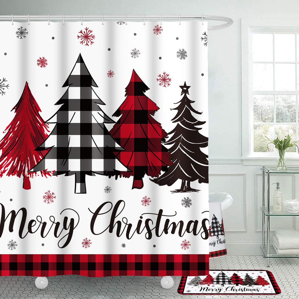 Honoson 8 Pcs Christmas Black Santa Claus Shower Curtain Set with Rugs and Kitchen Towels African American Retro Christmas Bathroom Decor Black Santa Curtain Decorations Xmas Farmhouse Gifts