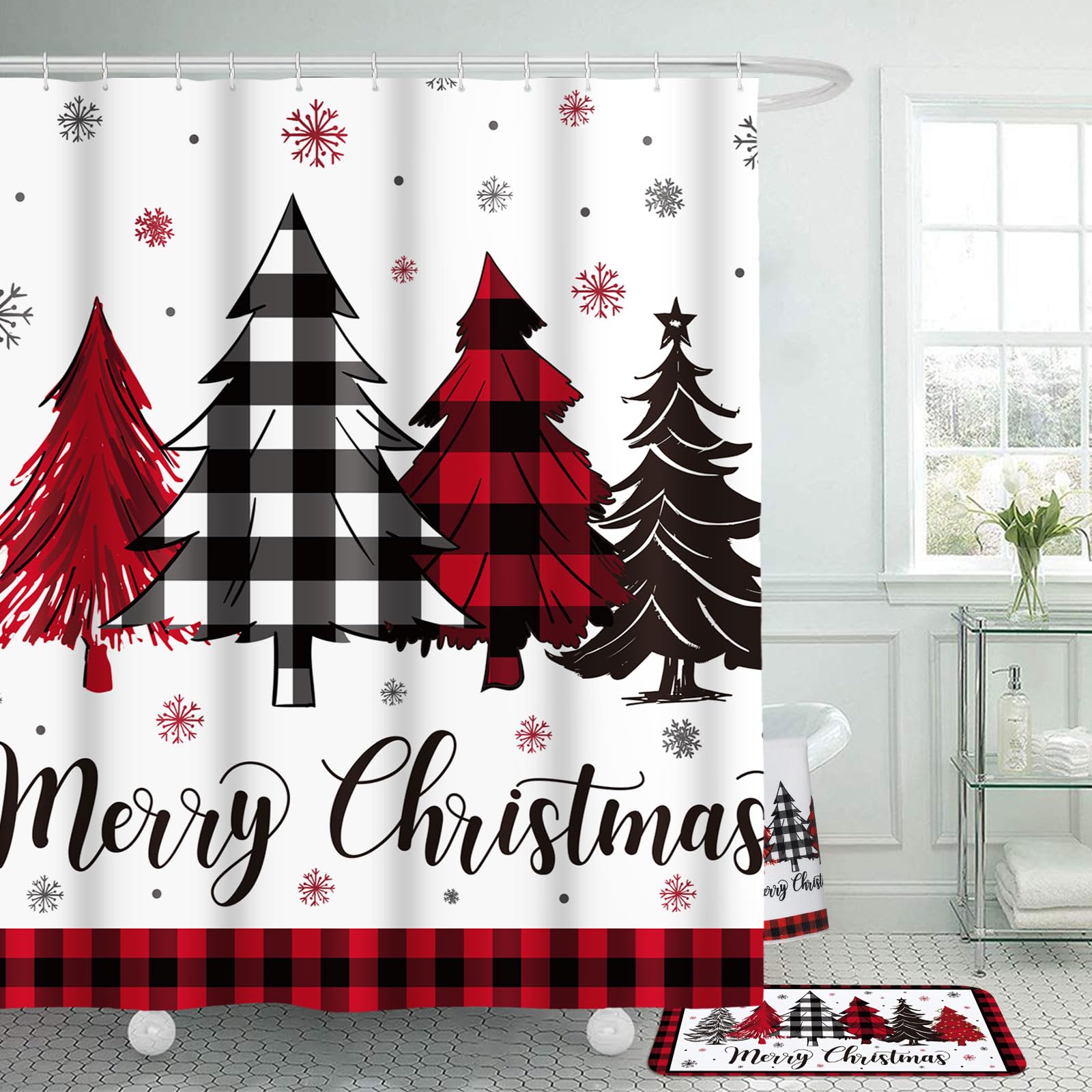 Honoson 8 Pcs Christmas Black Santa Claus Shower Curtain Set with Rugs and Kitchen Towels African American Retro Christmas Bathroom Decor Black Santa Curtain Decorations Xmas Farmhouse Gifts