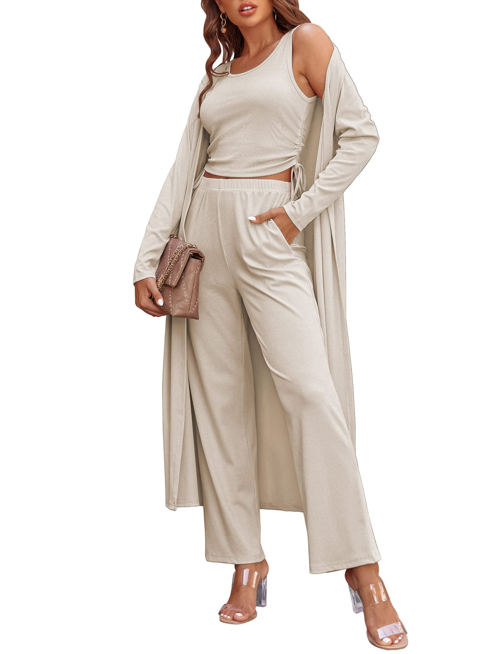 Ekouaer Women's 3 Piece Knit Lounge Set Pajama Long Sleeve Cardigan Sleeveless Top Pants Sweatsuit S-XXL