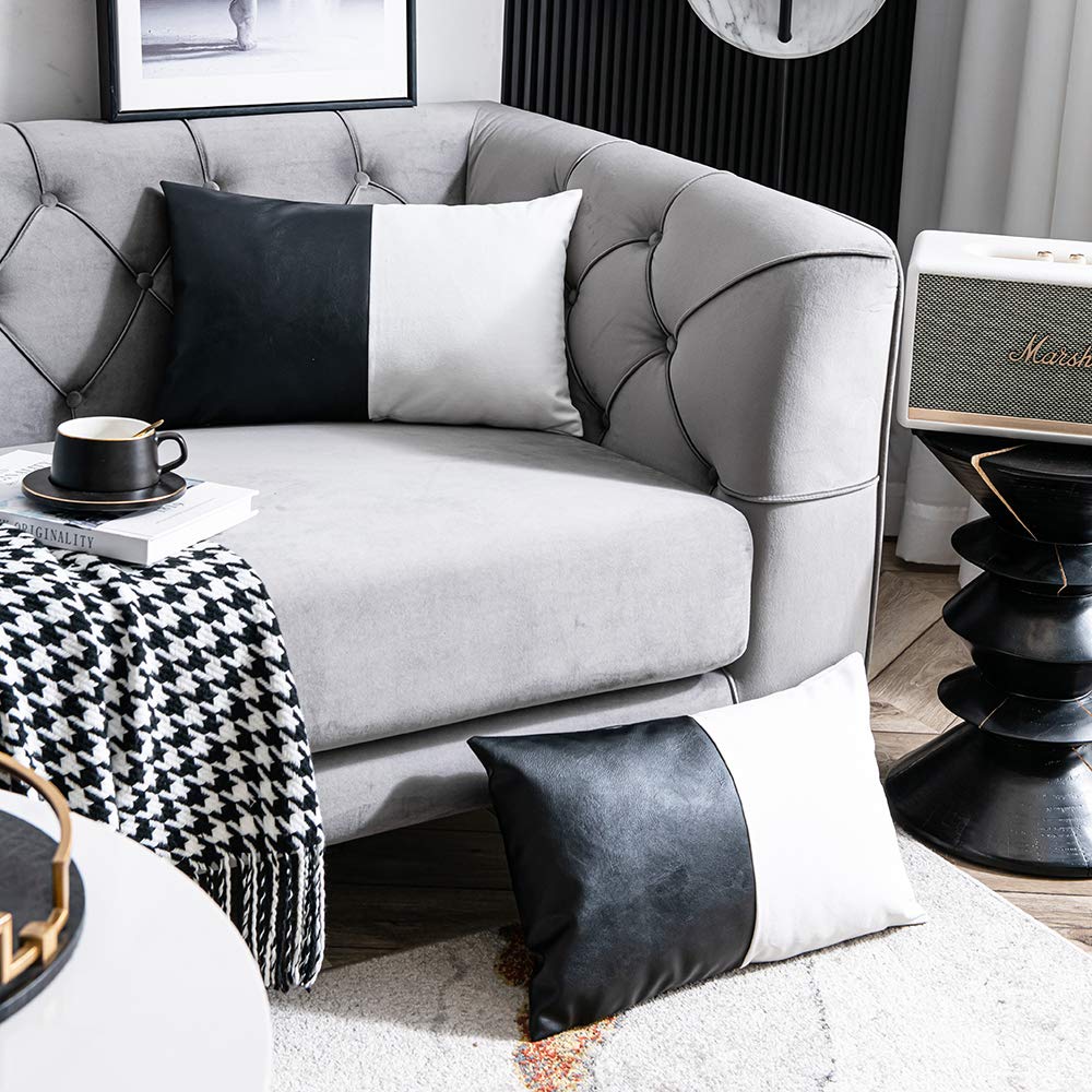 DEZENE Leather Throw Pillow Covers, Set of 2 Modern Leather/Cotton Decorative Pillowcases for Home Decor Bedroom Living Room Couch Bed Sofa, 18x18 Inch, Cognac-Brown and White