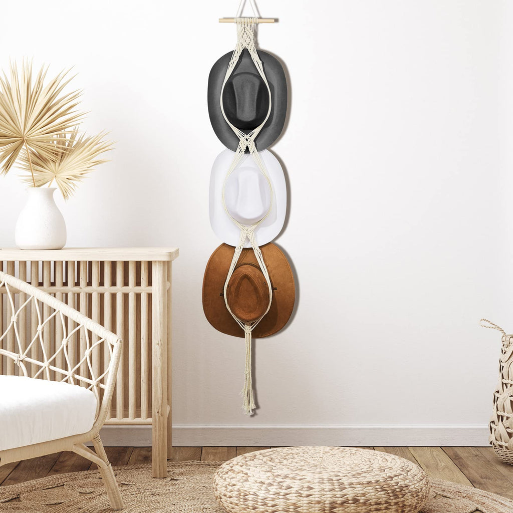 Yulejo Macrame Hat Hangers Boho Hat Rack for Wall Western Cowboy Hanging Organizer for Door Wall Room Bedroom