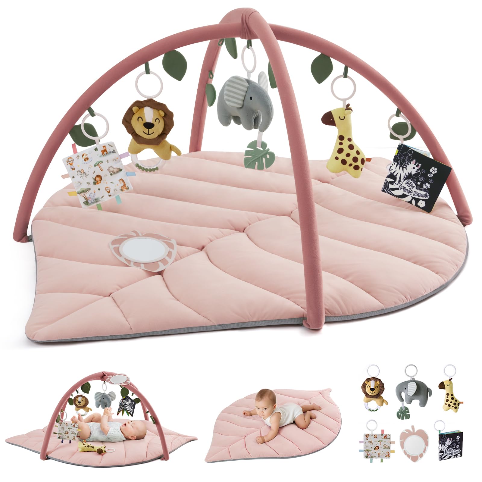 Blissful Diary Baby Play Gym & Activity Mat, Oversize Leaf Shaped Baby Play Mat w 6 Detachable Toys, Tummy Time Mat Promote Motor Skills & Sensory Development Mat, Newborn Infant Baby Essentials Gift