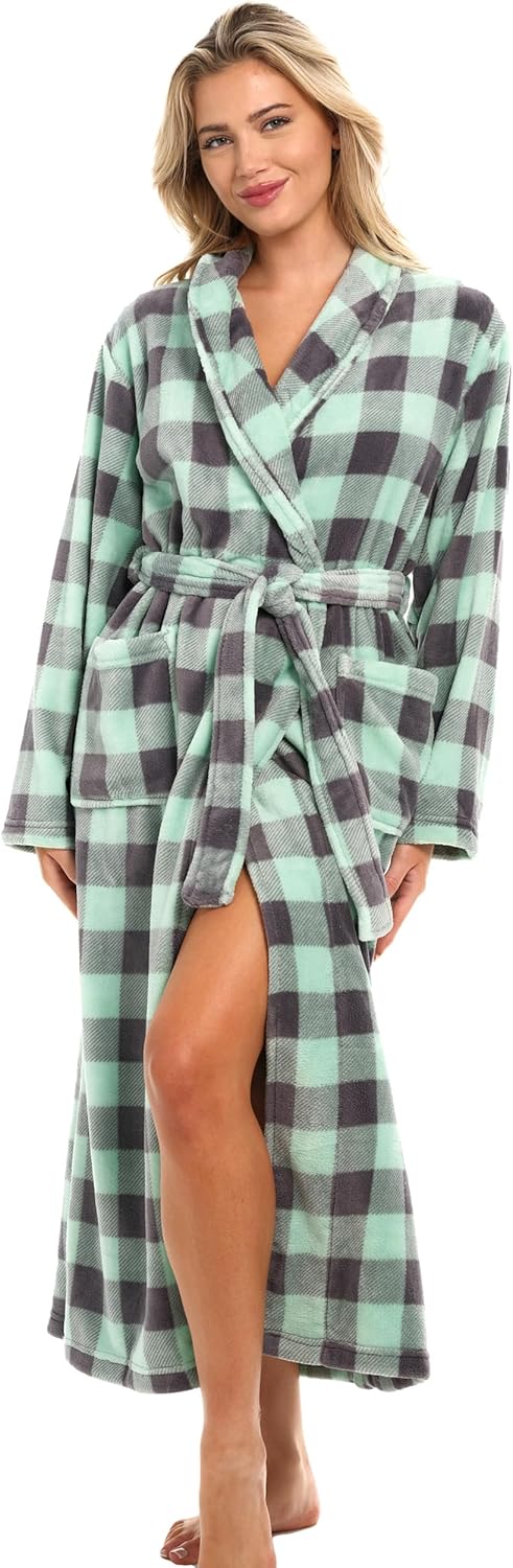 Alexander Del Rossa Plush Striped Robe for Women, Long Fleece Plaid Winter Bath Robe, Plus Size