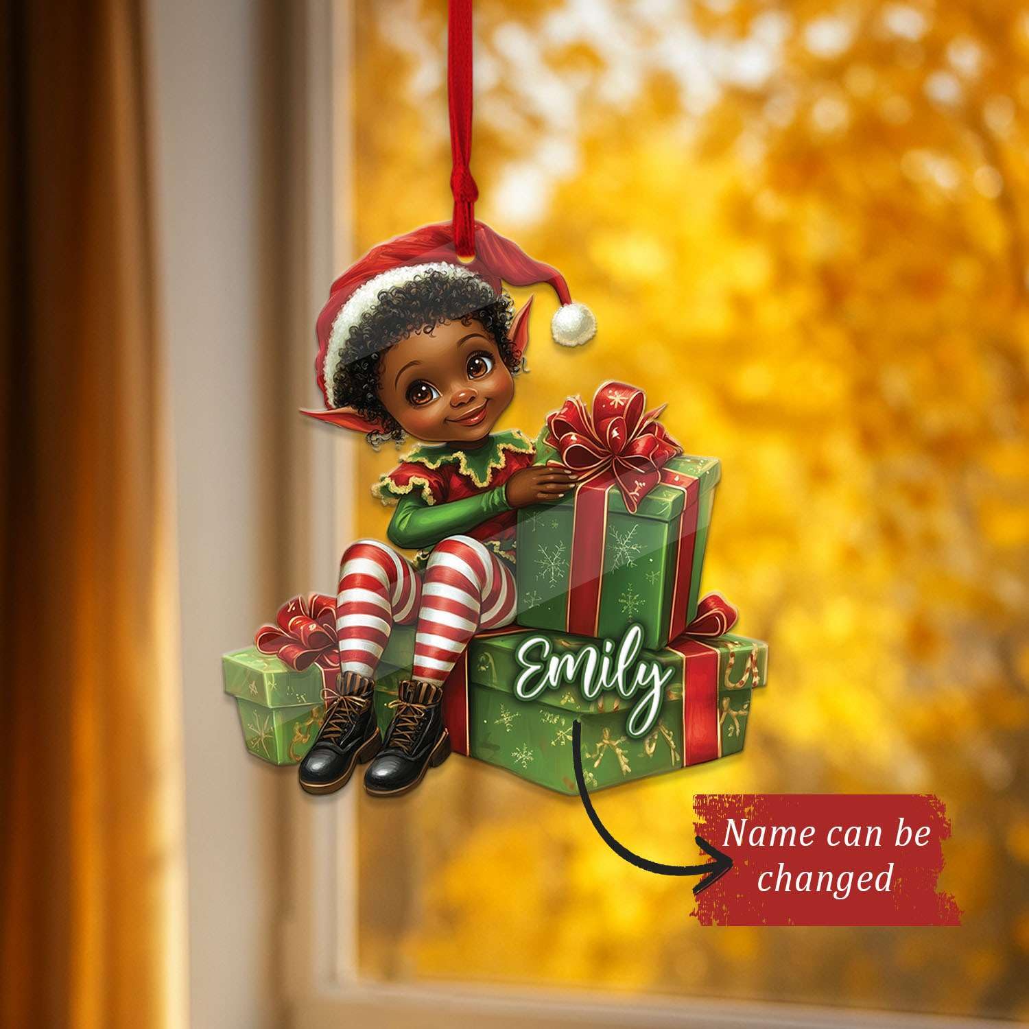 2D Acrylic Christmas Elf Shaped Ornament with Gift Box, Personalized Name Holiday Keepsake, Cute Ornament for Kids Room, Custom Name African-Inspired Decoration, Gifts for Boys