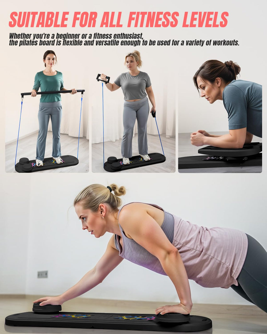 Pilates Board Pilates Reformer Set, Pilates Board for Home Workout Foldable Pilates Reformer Board for Women, 6 in 1 Multifunctional Pilates Equipment