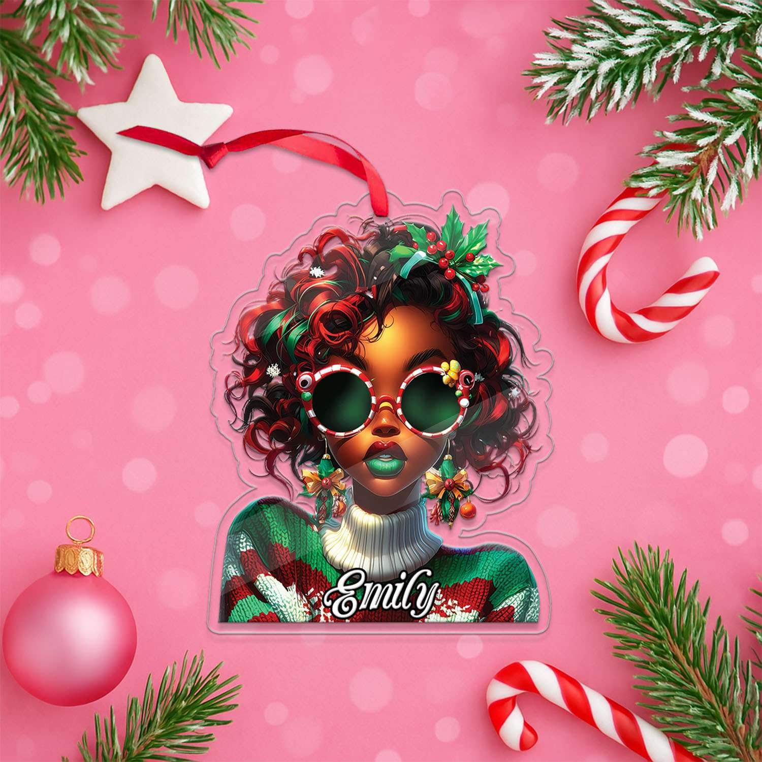 2D Acrylic Christmas Elf Shaped Ornament with Gift Box, Personalized Name Holiday Keepsake, Cute Ornament for Kids Room, Custom Name African-Inspired Decoration, Gifts for Boys