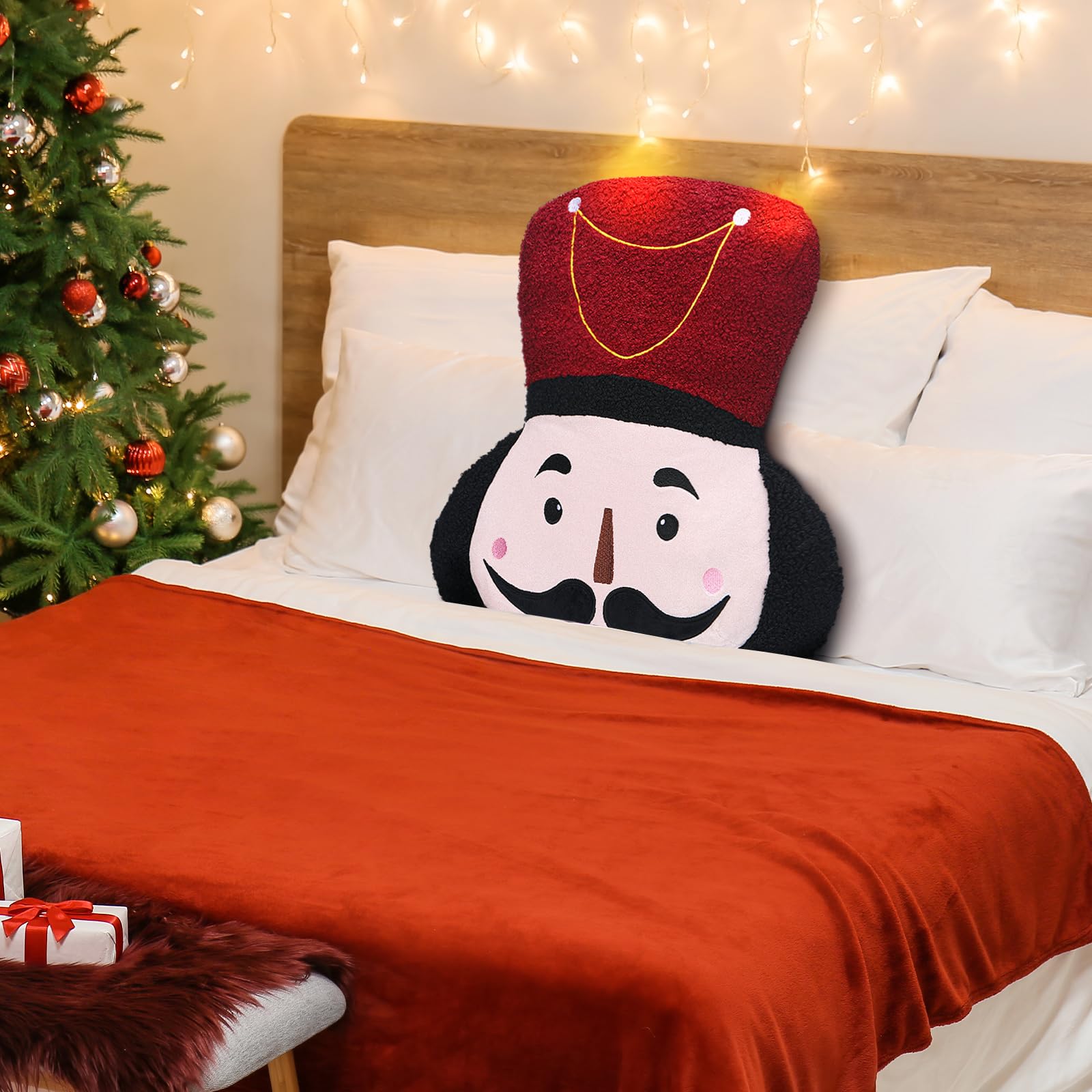 Nutcracker Christmas Throw Pillow Christmas Nutcracker Shaped Decoration Decorative Cushion 14.5‘' x 13‘' Faux Rabbit Fur Embroidered Pillow Xmas Gift for Home Sofa Chair Bed(African American)