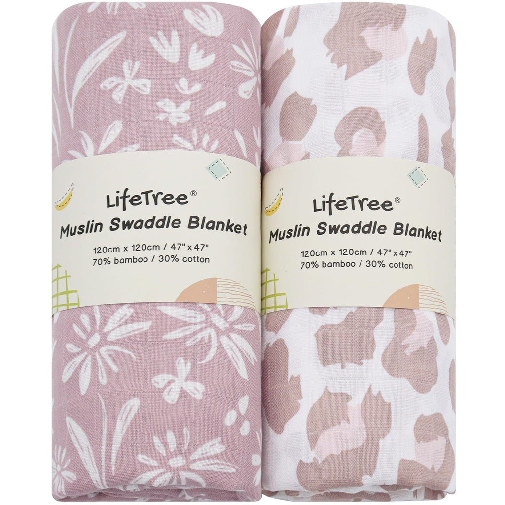 LifeTree Muslin Swaddle Blankets, Baby Swaddling Wrap Nursery Blanket Unisex, Soft 70% Viscose from Bamboo and 30% Cotton, Large 47 x 47 inches, Bear & Checkered Swaddle Blanket