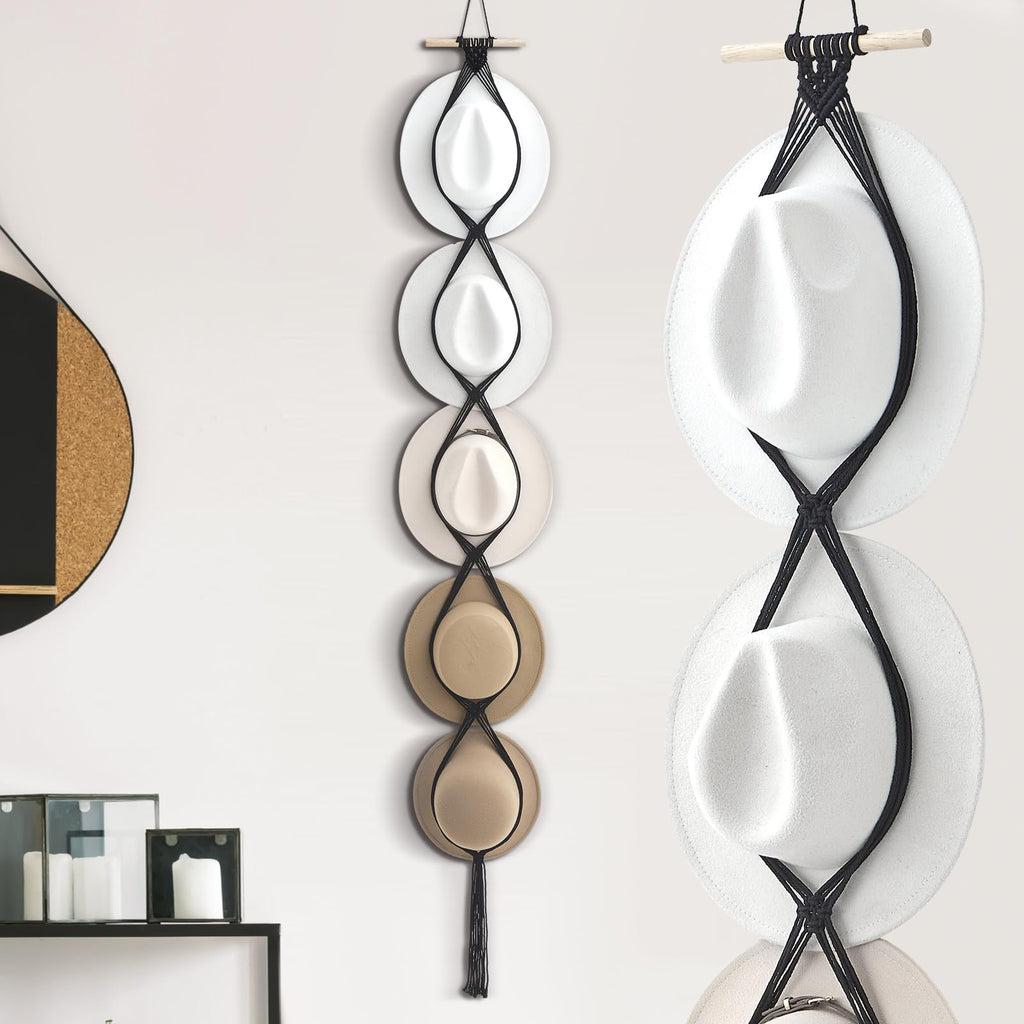 Yulejo Macrame Hat Hangers Boho Hat Rack for Wall Western Cowboy Hanging Organizer for Door Wall Room Bedroom