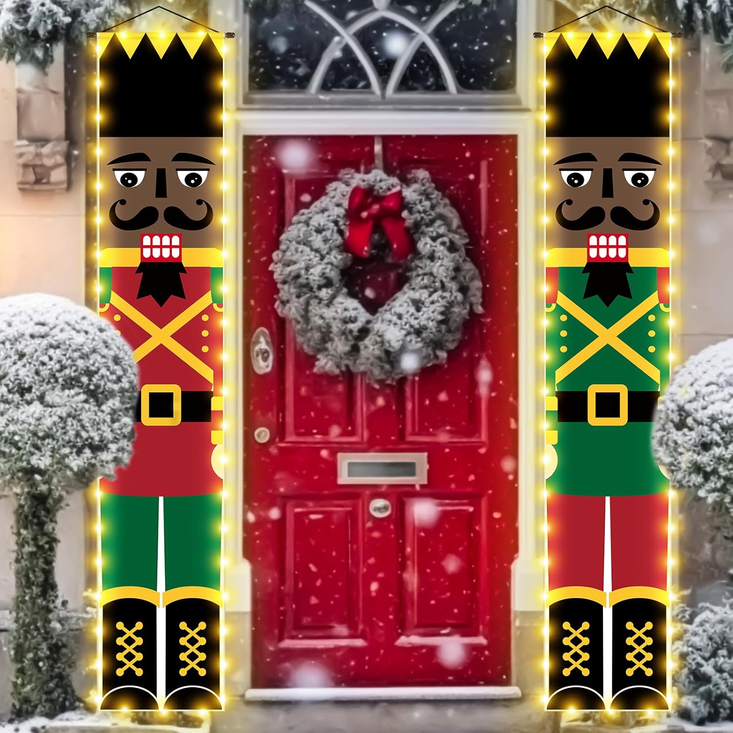 2 Pcs LED Black Soldier Christmas Decorations Outdoor African American Door Banners Tall Soldier Banners Xmas Decor for Home Front Porch Garden Yard Holiday Party