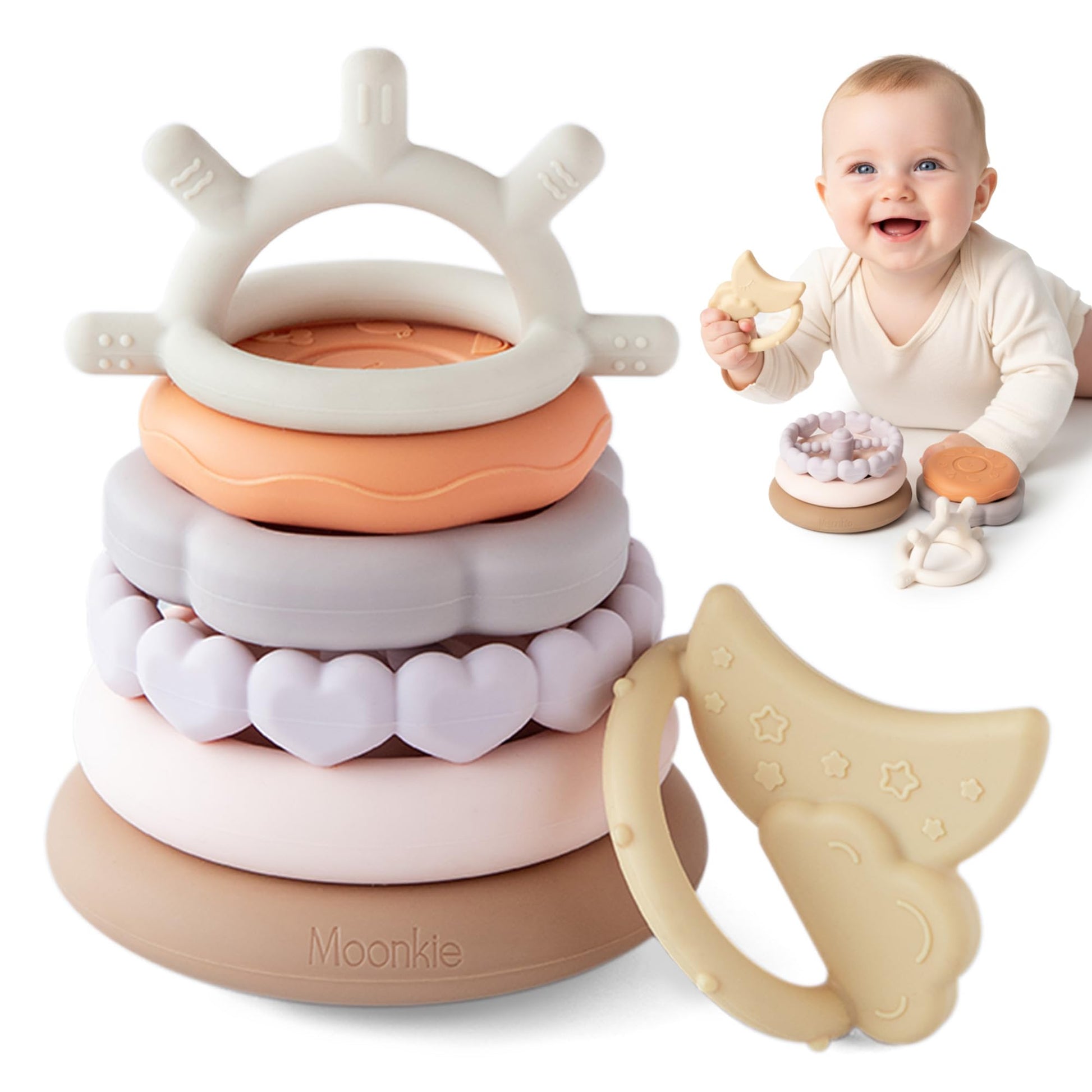 Moonkie Stacks of Circles Soft Teething Toy | Educational Learning Baby Toy | Stacking Ring Toys for Babies Boy and Girl | 7 Piece Teethers Set