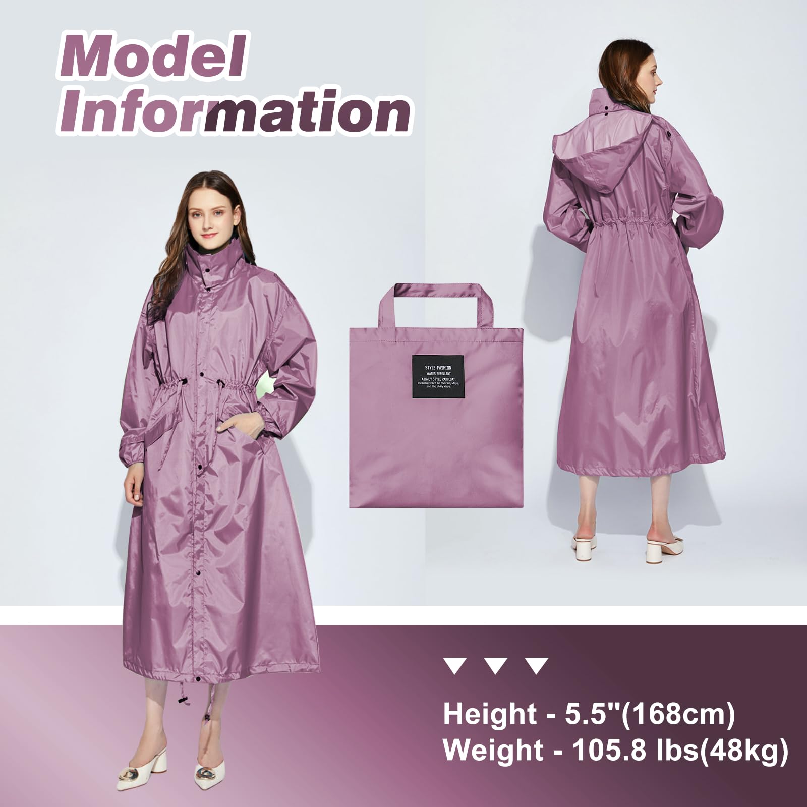 LAMA Womens Long Raincoats Rain Jacket Waterproof Packable Hooded Windbreaker Lightweight Adjustable Waist for Outdoor