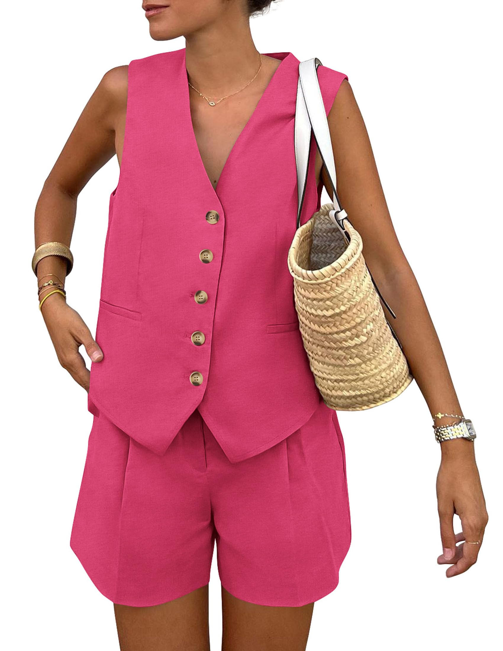 PRETTYGARDEN Women's Summer 2 Piece Outfits Sleeveless Matching Sets Button Down V Neck Vest Waistcoat and Pockets Shorts