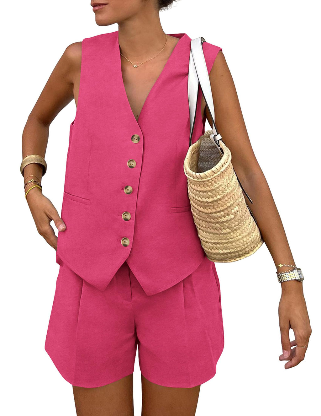 PRETTYGARDEN Women's Summer 2 Piece Outfits Sleeveless Matching Sets Button Down V Neck Vest Waistcoat and Pockets Shorts