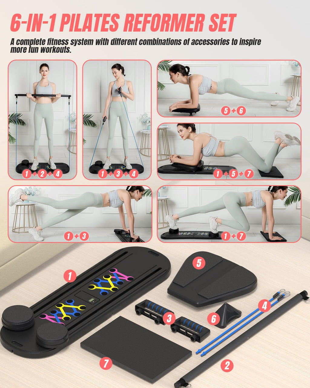Pilates Board Pilates Reformer Set, Pilates Board for Home Workout Foldable Pilates Reformer Board for Women, 6 in 1 Multifunctional Pilates Equipment