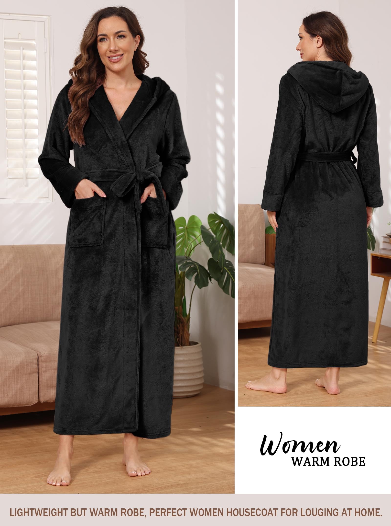 Hellomamma Long Hooded Robe for Women Luxurious Flannel Fleece Full Length Bathrobe Winter Warm Pajamas Shower Nightgown