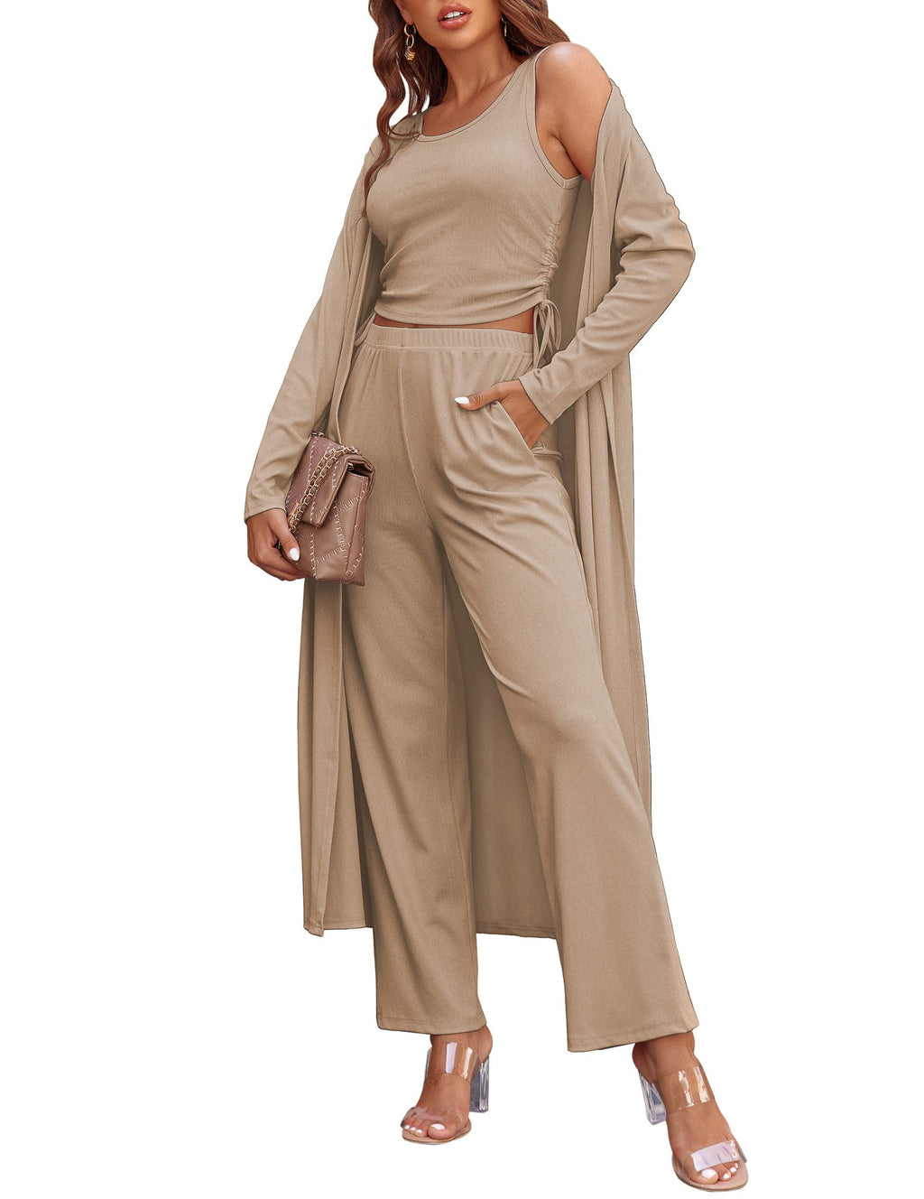 Ekouaer Women's 3 Piece Knit Lounge Set Pajama Long Sleeve Cardigan Sleeveless Top Pants Sweatsuit S-XXL