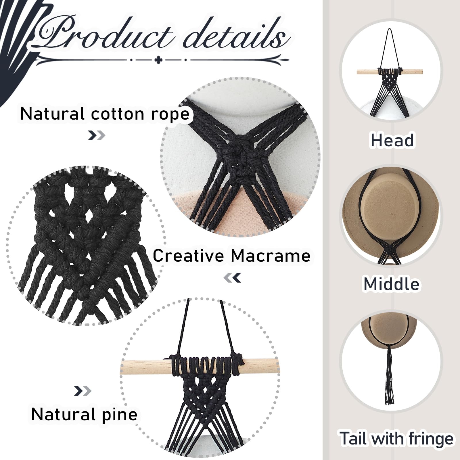 Yulejo Macrame Hat Hangers Boho Hat Rack for Wall Western Cowboy Hanging Organizer for Door Wall Room Bedroom