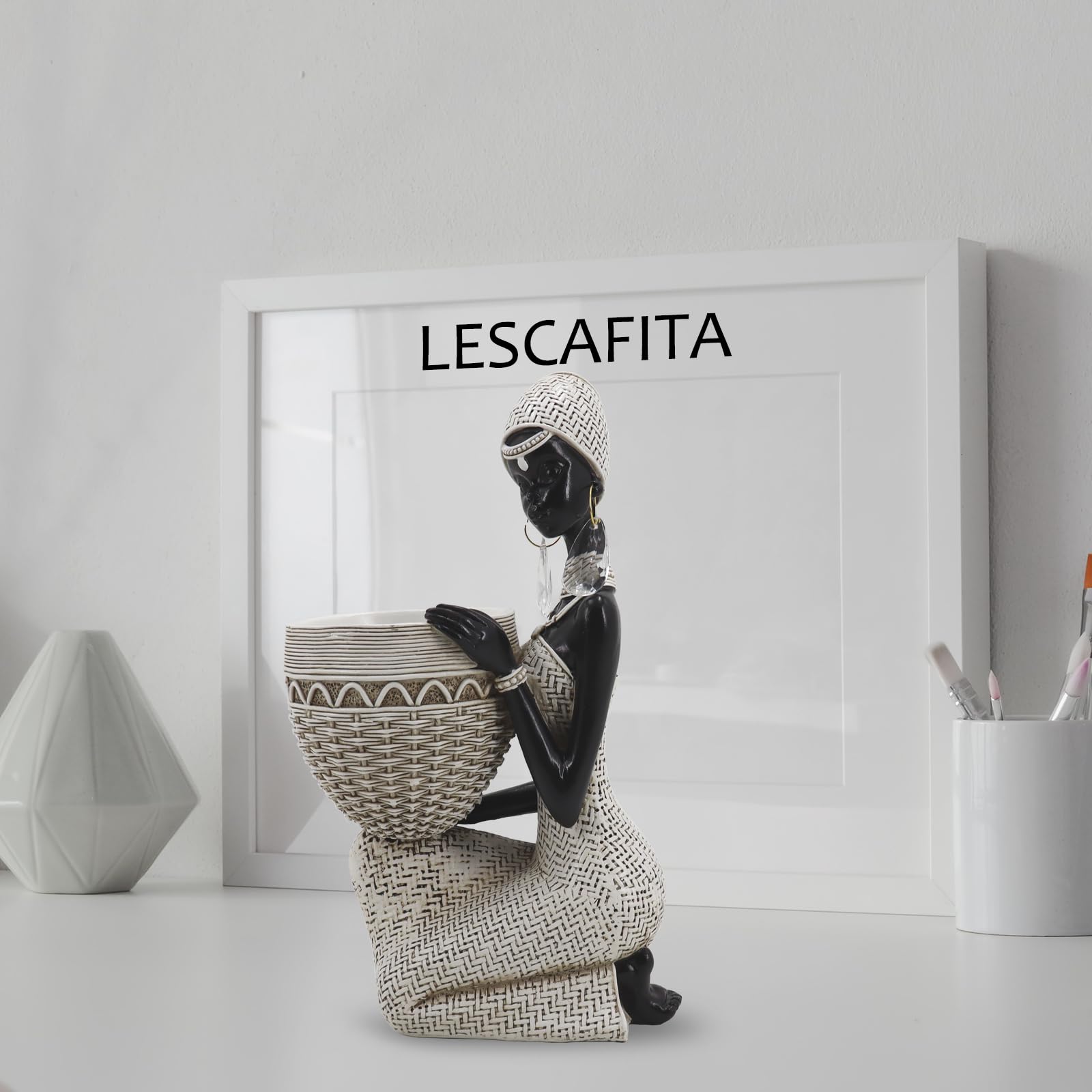 Handmade African Tribal Woman Sculpture - Gold Adorned Seated Figure with Basket, Vintage Resin Statue for Home Decor, Unique Housewarming Gift for Shelf/Table (9.65" H)