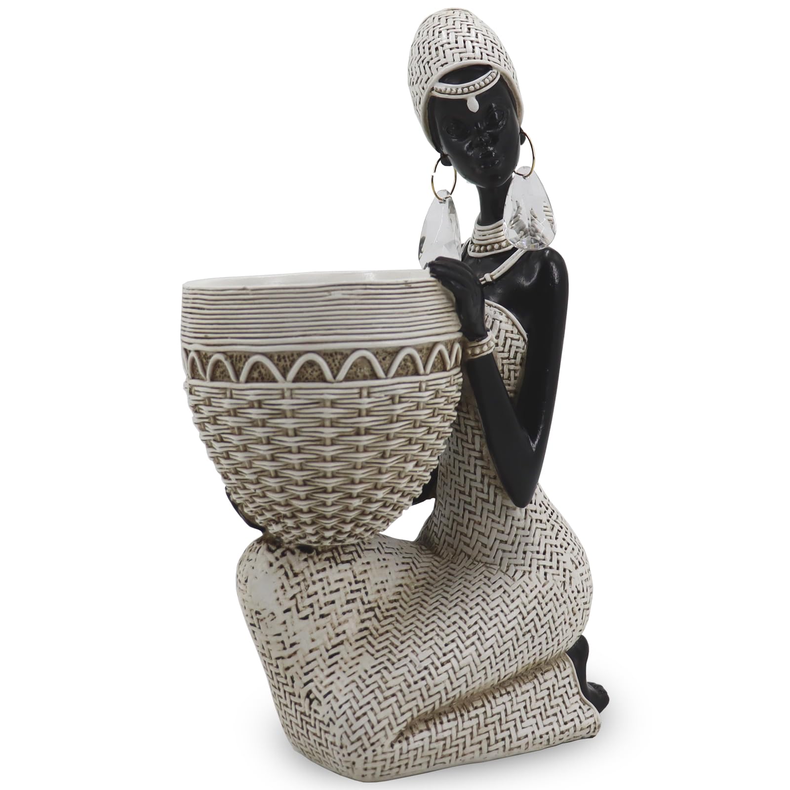 Handmade African Tribal Woman Sculpture - Gold Adorned Seated Figure with Basket, Vintage Resin Statue for Home Decor, Unique Housewarming Gift for Shelf/Table (9.65" H)