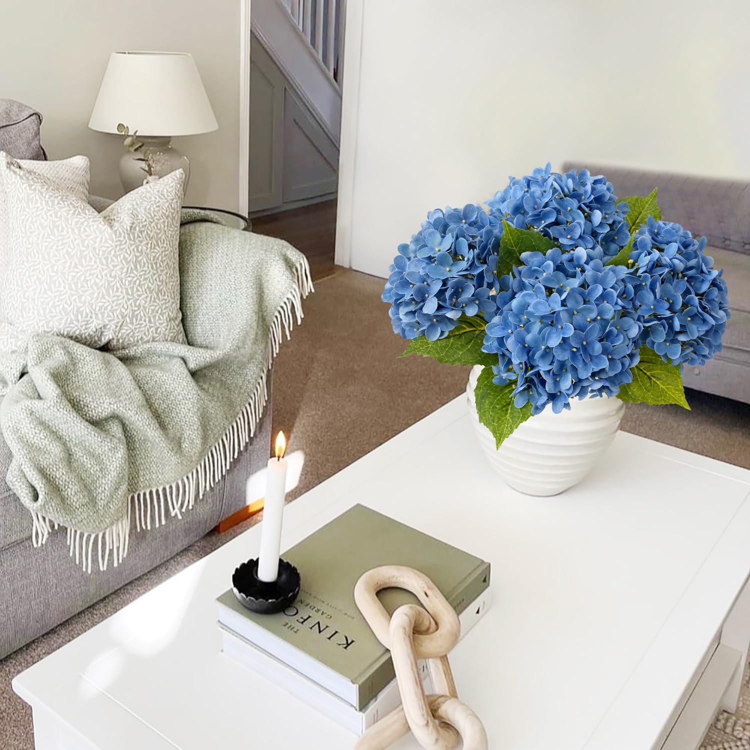 Light Blue Hydrangea Artificial Flowers,4Pcs 20" Real Touch Lifelike Silk Artificial Hydrangeas, Full Fake Flowers for Bouquet Table Centerpieces Spring Wedding Indoor Home