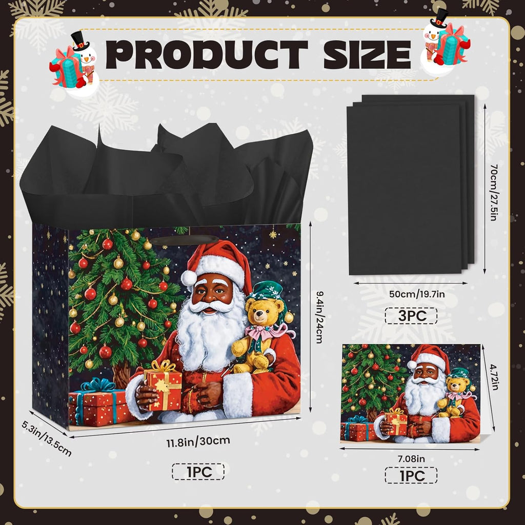 Merry Christmas Gift Bags African American Black Santa Claus Christmas Gift Wrapping Bag with Greeting Card and Tissue Wrapping Paper Large Xmas Goody Bags with Handles for Holiday Christmas Party Favors
