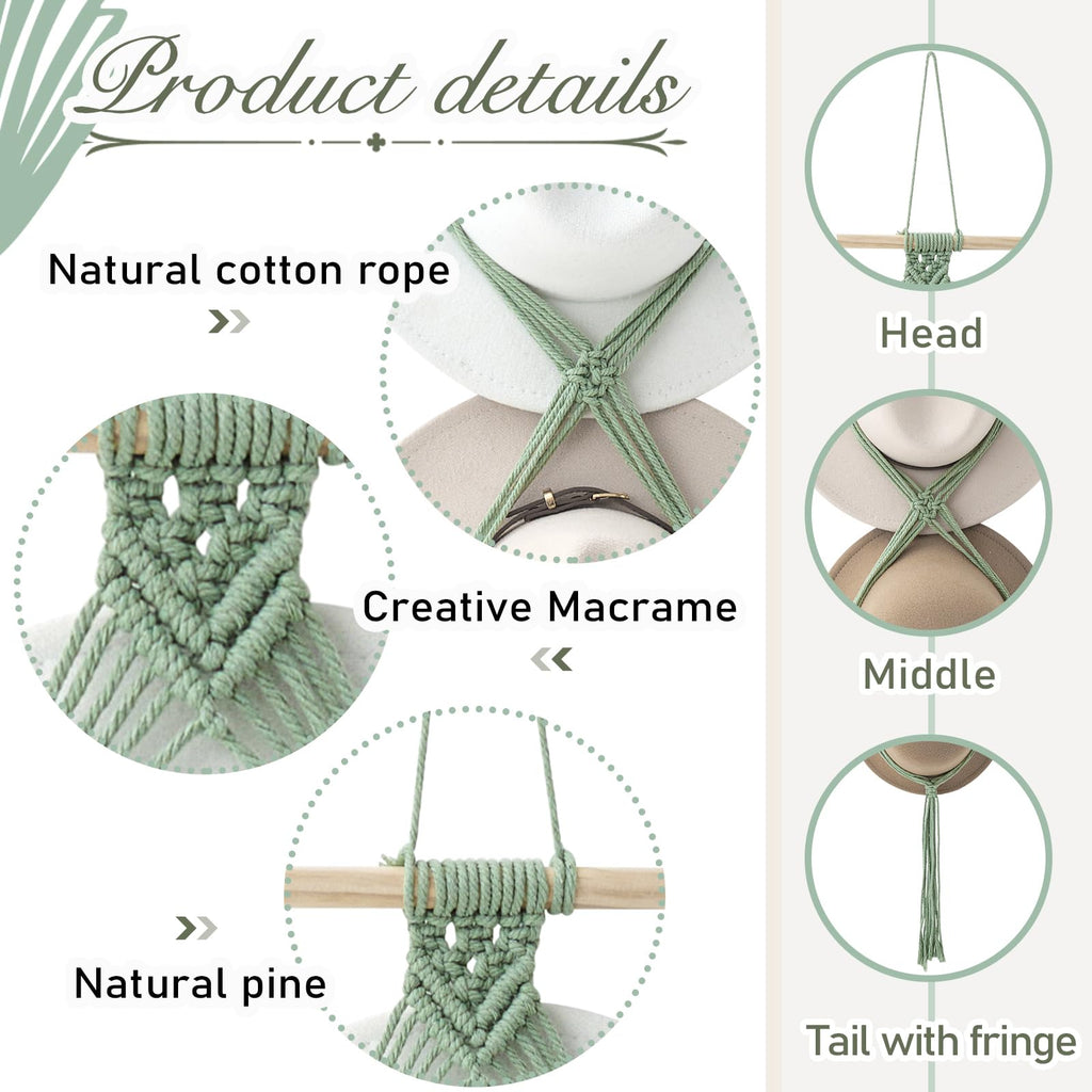 Yulejo Macrame Hat Hangers Boho Hat Rack for Wall Western Cowboy Hanging Organizer for Door Wall Room Bedroom
