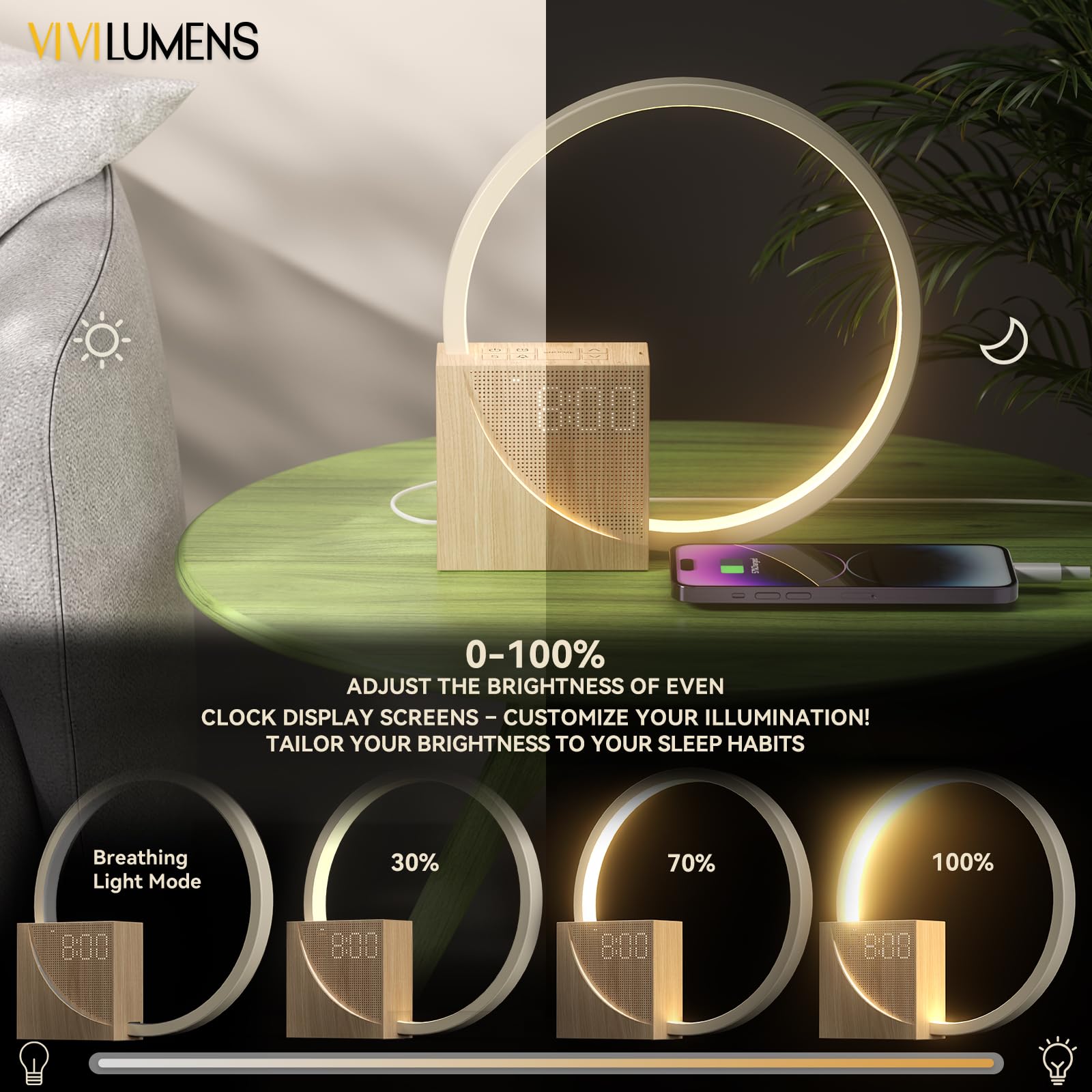 Vivilumens Sunrise Alarm Clock for Heavy Sleepers Adults, Wake-up Light, Sleep Aid 10 White Noise Sound Machines with 30/60/90 Timer, 3 Level Dimmable Touch Table Lamp with Snooze USB Charger Port
