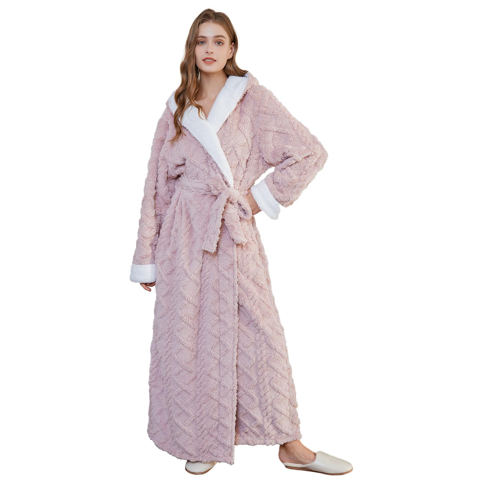 Hellomamma Long Hooded Robe for Women Luxurious Flannel Fleece Full Length Bathrobe Winter Warm Pajamas Shower Nightgown
