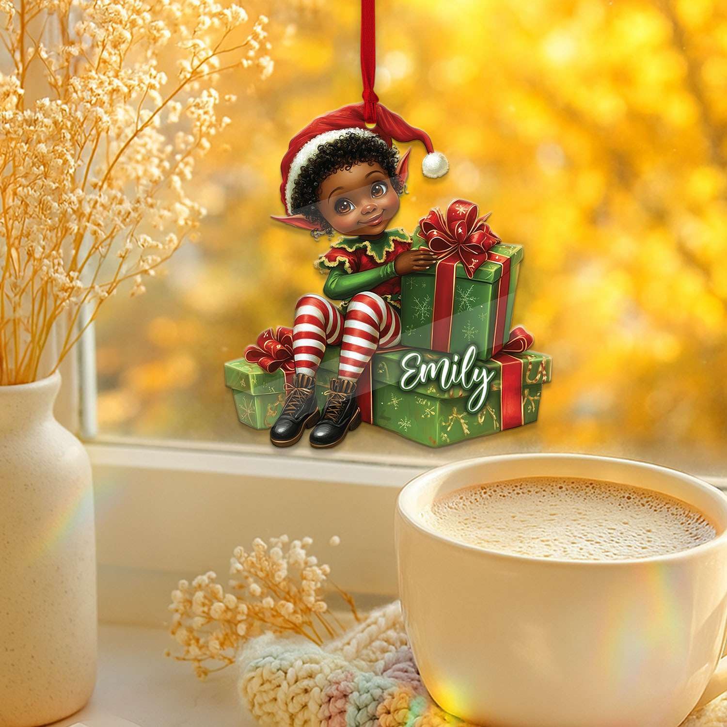 2D Acrylic Christmas Elf Shaped Ornament with Gift Box, Personalized Name Holiday Keepsake, Cute Ornament for Kids Room, Custom Name African-Inspired Decoration, Gifts for Boys