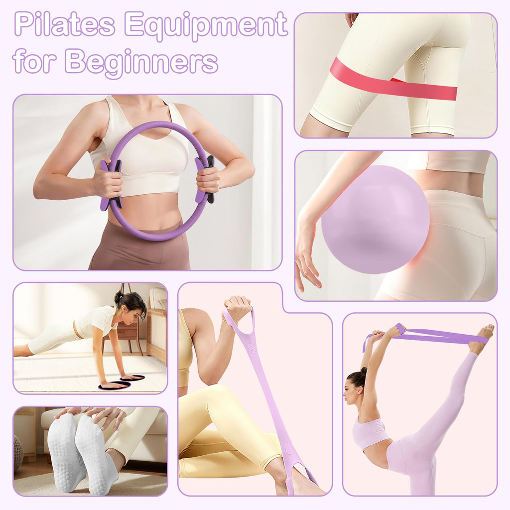 Hoedia 17 PCS Pilates Kit for Women, Pilates Equipment Ring and Ball Set with Resistance Bands, Yoga Strap, Core Sliders, Socks, Bag & Guide for Starter Home Workout Fitness Gym Essentials