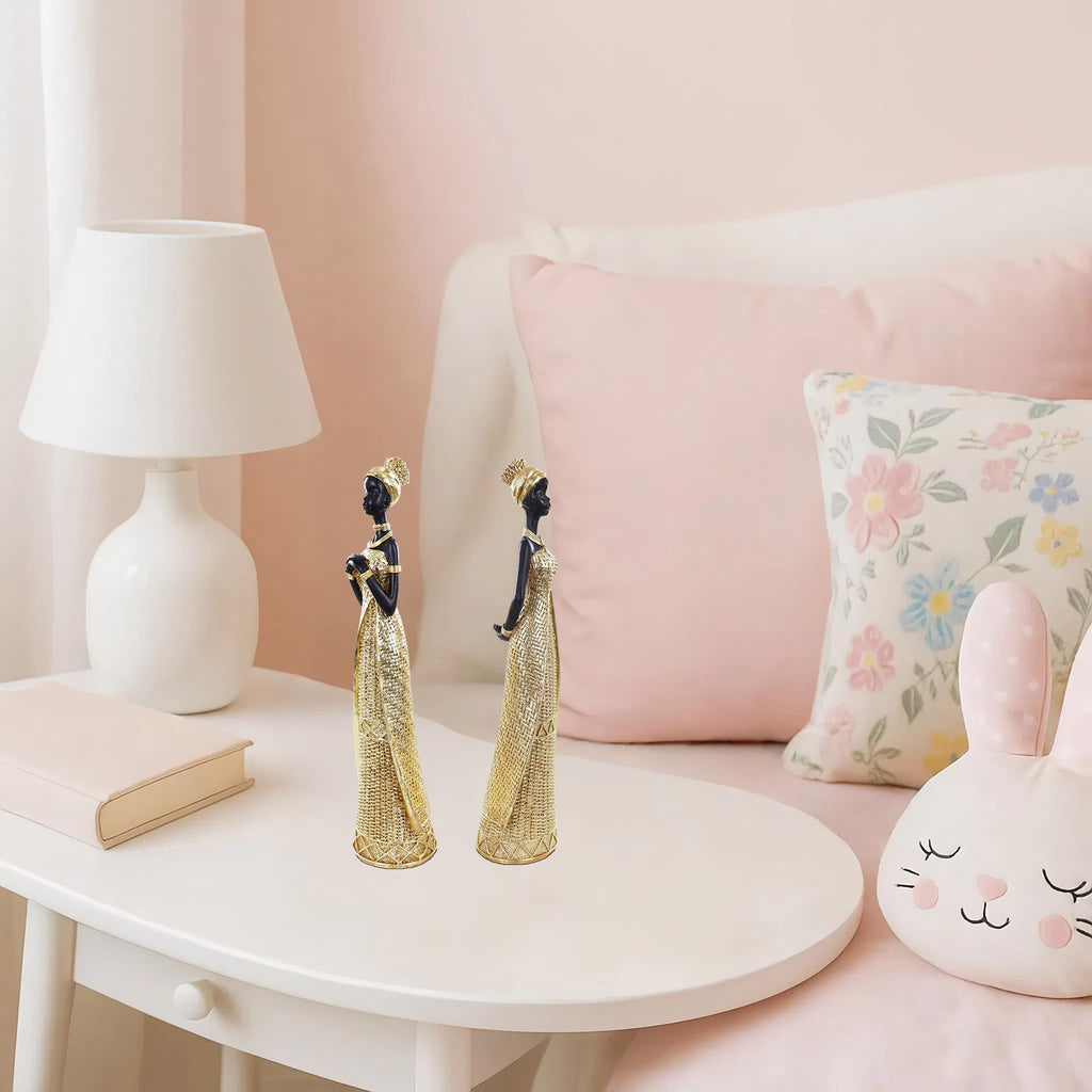 Set of 3 Resin African Woman Statues – Elegant Tribal Figurines in Gold Dresses, Afrocentric Home Decor Sculptures for Living Room, Bookshelf, Gift