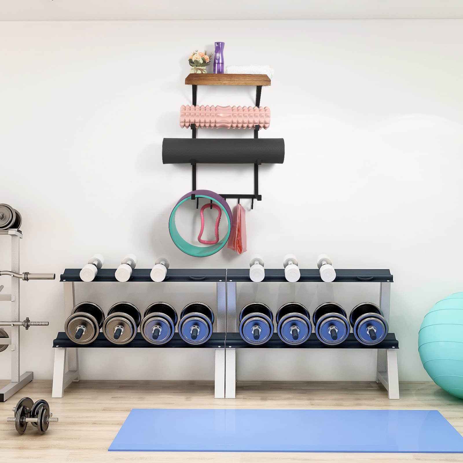 Yoga Mat Holder Wall Mount,17" x 28" Yoga Mat Rack Home Gym Accessories, Storage for Foam Roller, with Wood Floating Shelves and 5 Hooks for Hanging Yoga Strap and Resistance Bands