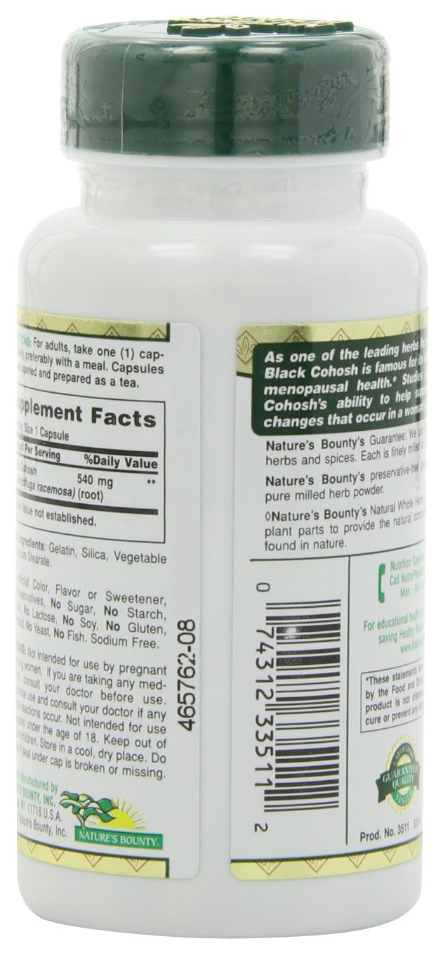 Nature's Bounty Black Cohosh Root Pills and Herbal Health Supplement, Natural Menopausal Support, 540 mg, 100 Capsules