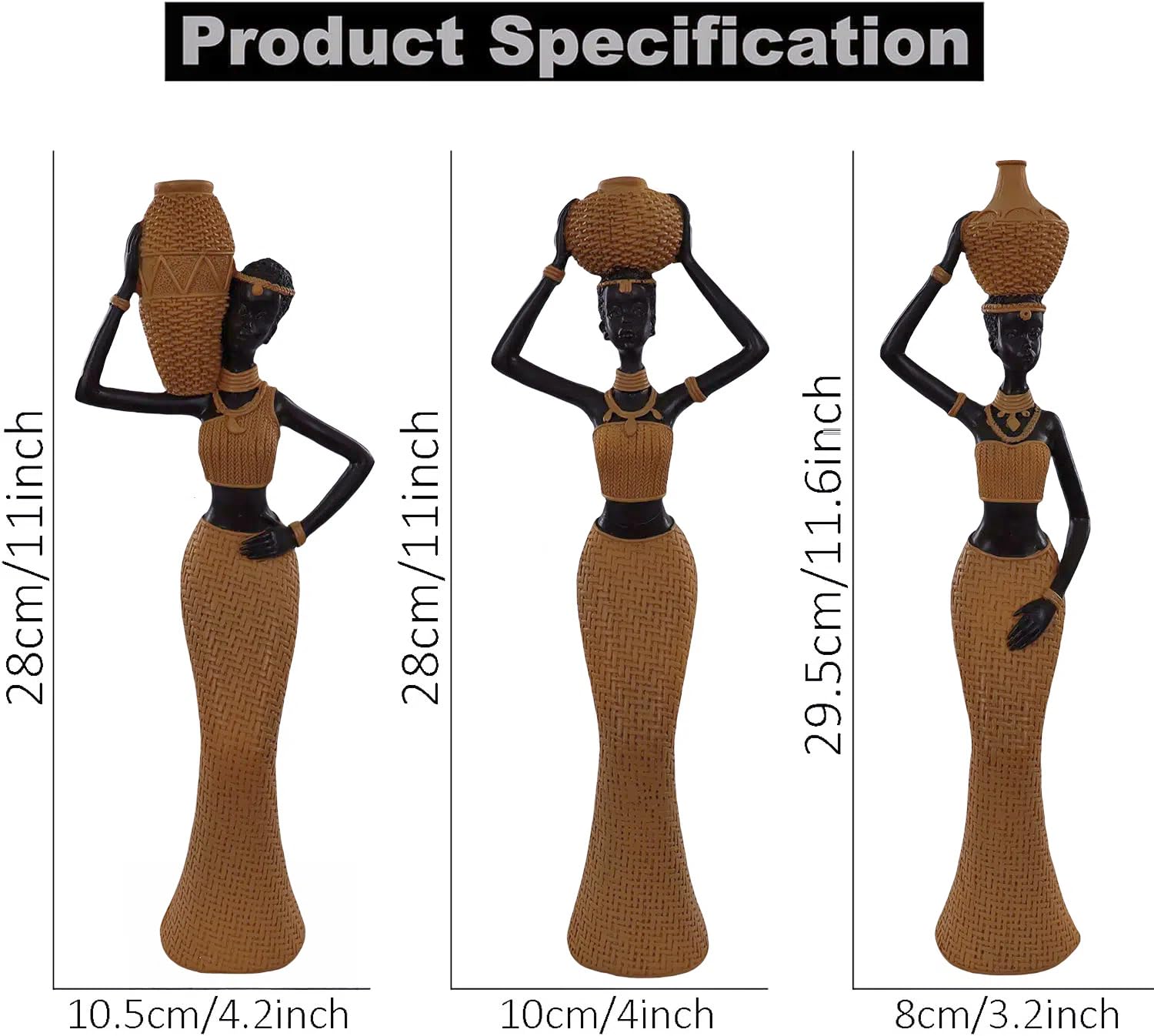 Set of 3 Resin African Woman Statues – Elegant Tribal Figurines in Gold Dresses, Afrocentric Home Decor Sculptures for Living Room, Bookshelf, Gift