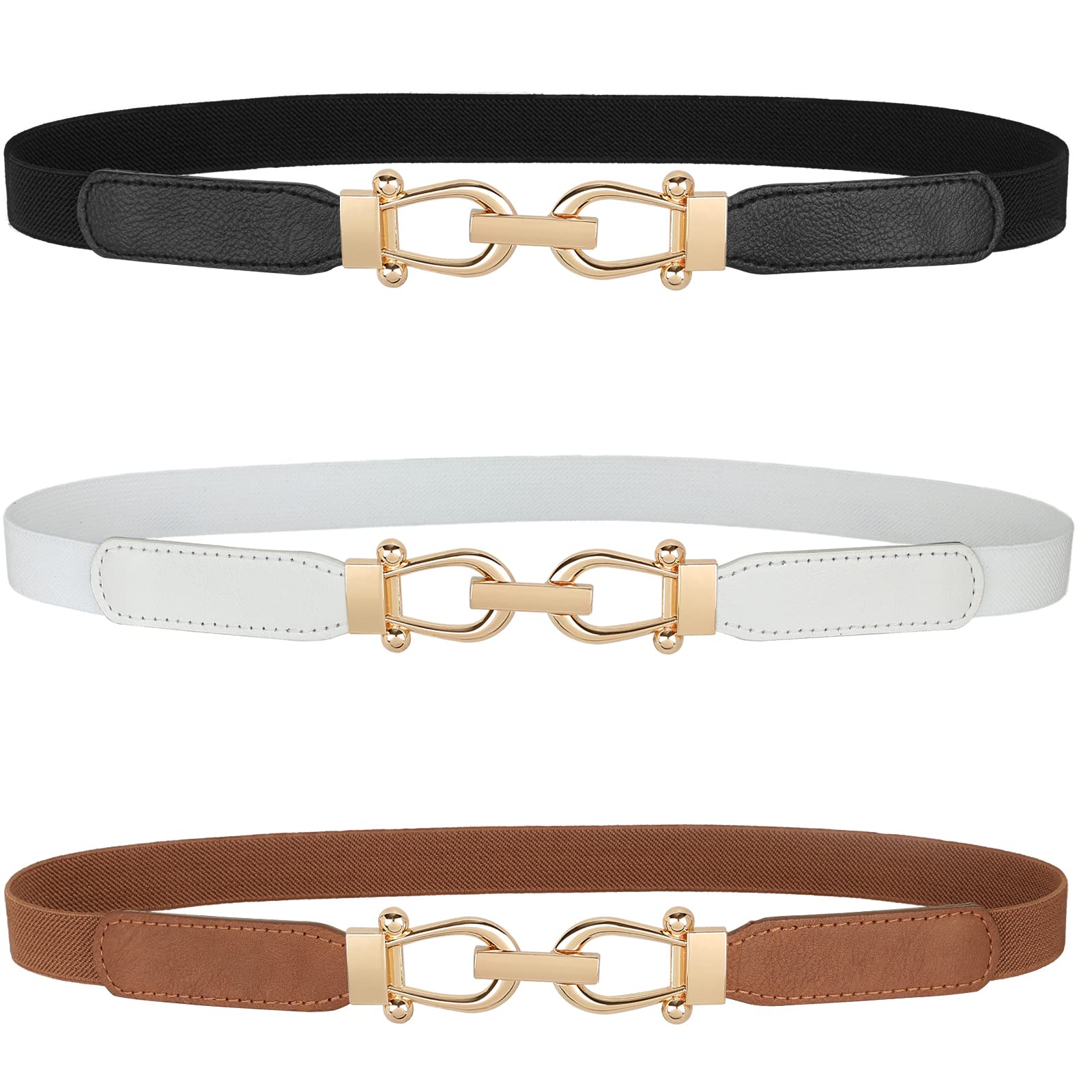 JASGOOD Women Skinny Elastic Belt for Dresses,Thin Retro Stretch Waist Belt with Golden Buckle