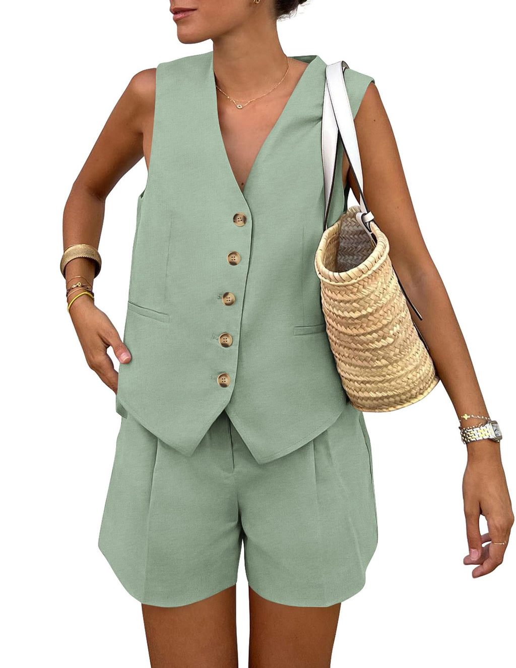 PRETTYGARDEN Women's Summer 2 Piece Outfits Sleeveless Matching Sets Button Down V Neck Vest Waistcoat and Pockets Shorts
