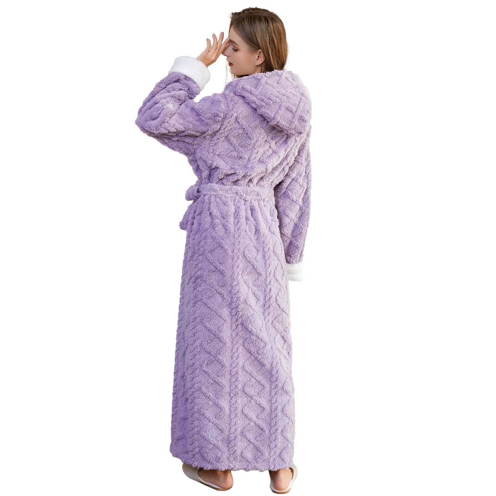Hellomamma Long Hooded Robe for Women Luxurious Flannel Fleece Full Length Bathrobe Winter Warm Pajamas Shower Nightgown