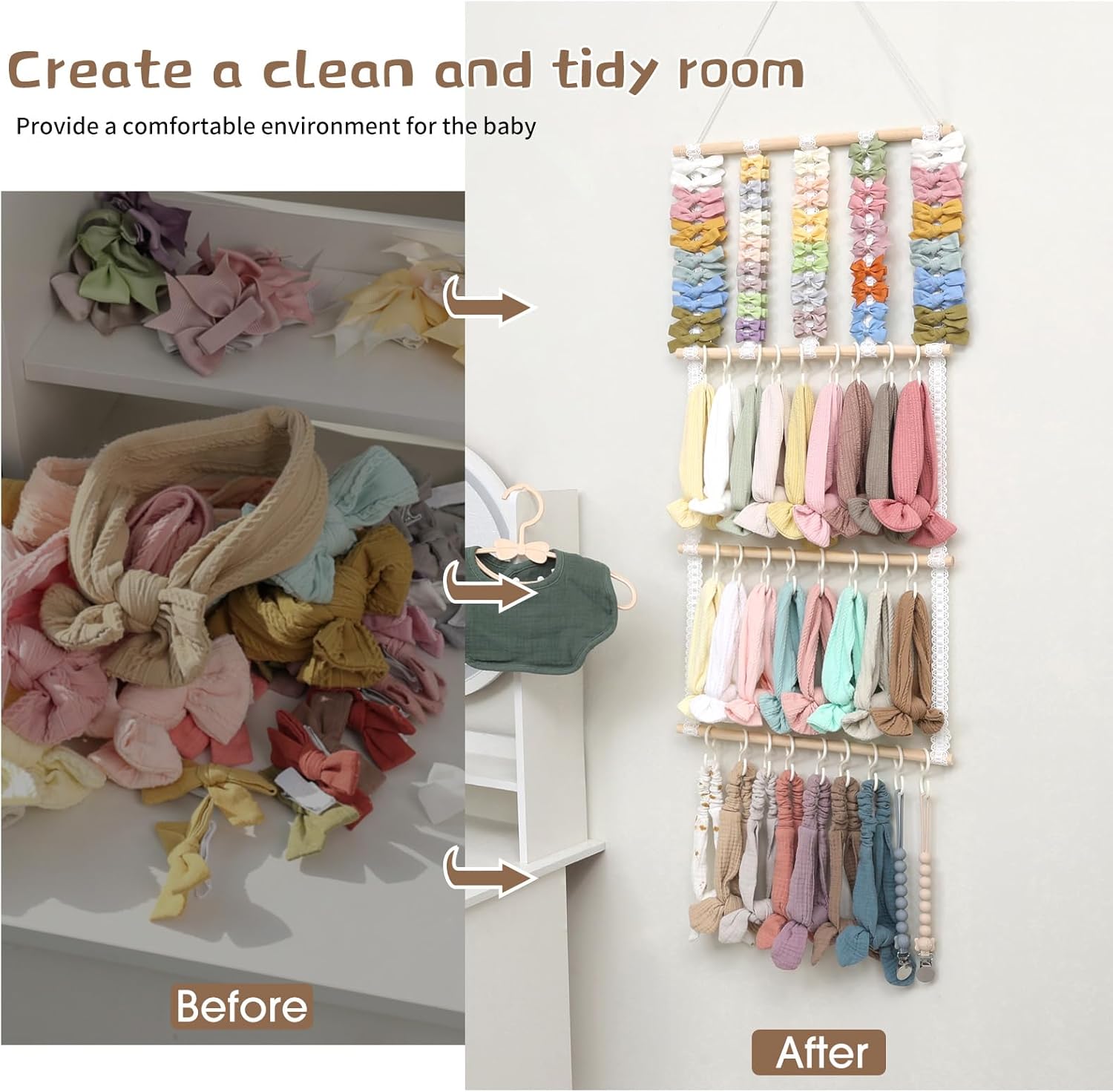 POVETIRE Headband Holder Hair Bows Organizer for Girls, Baby Headbands Hair Accessories Organizer Storage Wall Hanging Decor for Toddler Girls Room