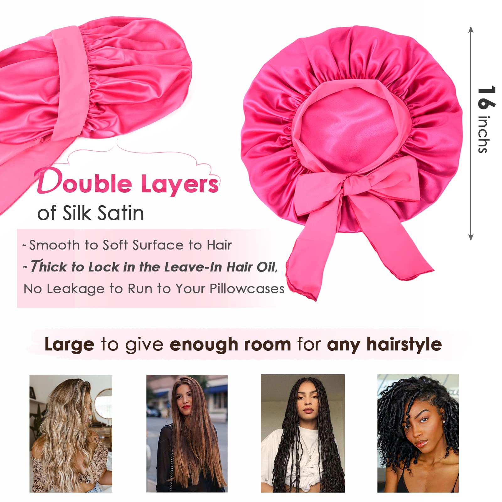YANIBEST Silk Bonnet for Sleeping Women Satin Bonnet Double Layer Satin Lined Hair Bonnet with Tie Band Curly Hair Blush Pink