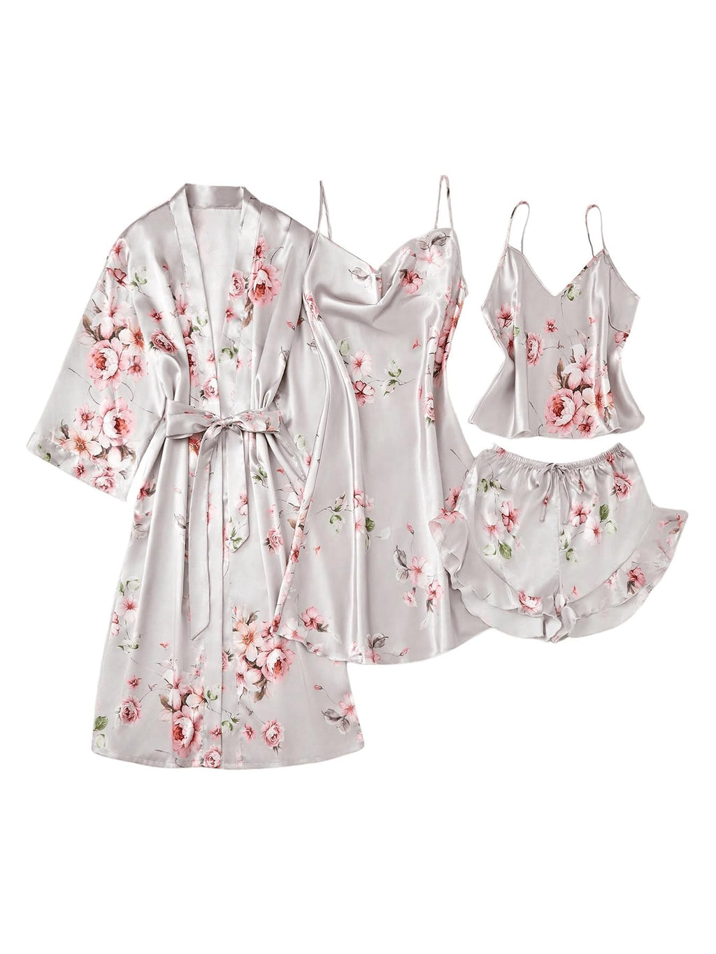 GORGLITTER Women's 5 Piece Floral Print Satin Pajama Set Nightgown Robe Cami Shorts Sleepwear with Storage Bag
