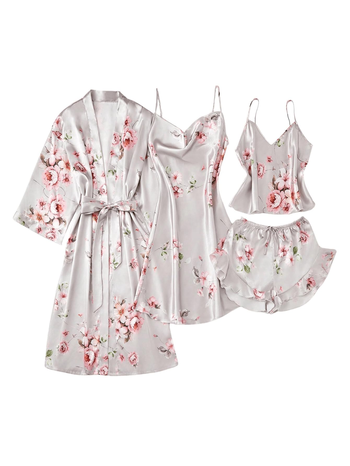 GORGLITTER Women's 5 Piece Floral Print Satin Pajama Set Nightgown Robe Cami Shorts Sleepwear with Storage Bag