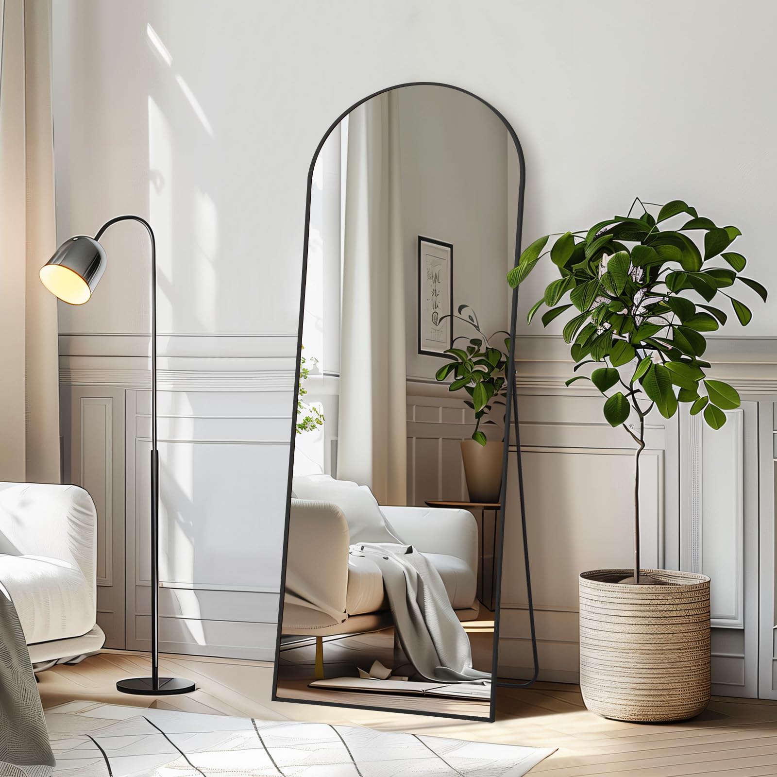 Oversized Floor Mirror Full Length with Stand, 72"X44" Extra Large Arch Standing Mirror Full Length, Tempered Glass Black Full Body Mirror for Bedroom Living Room, Aluminum Alloy Frame