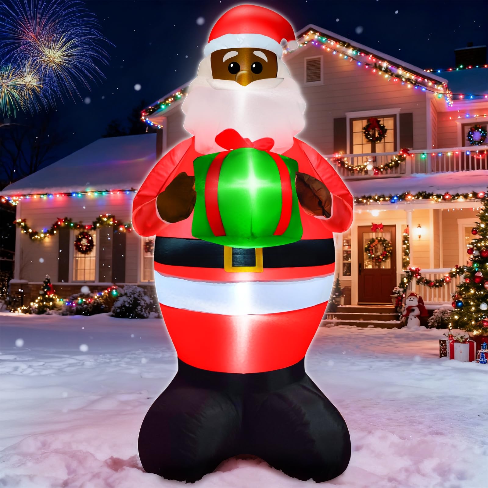 TURNMEON 6Ft Black Santa Claus Inflatables Christmas Decorations Outdoor African American Hold Gift Box LED Lights Blow Up Yard Decorations for Holiday Xmas Decor Outside Lawn Yard Garden Party